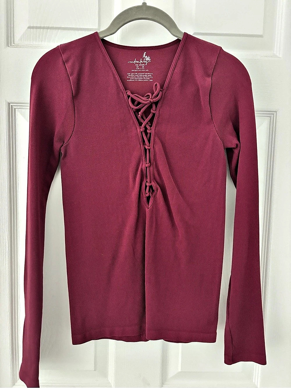 Free People Long Sleeve Lace-Up Top in dark red Size Medium